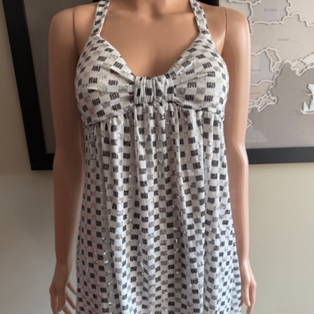 Fun and Flirty Ulsa Flirt Top Size S White w/ Black and Silver Sequins